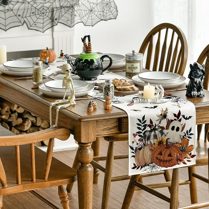 Artoid Mode Pumpkin Ghost Leaves Spider Web 210 GSM Halloween Table Runner, Spooky Kitchen Dining Table Decoration for Home Party Decor 13x60 Inch