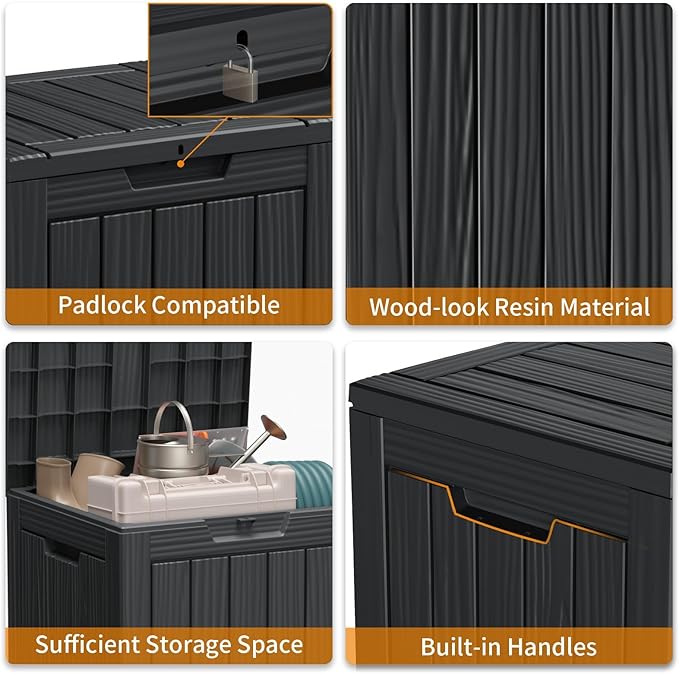 28 Gallon Outdoor Deck Box,Storage Lockable Waterproof Patio Furniture,Garden Tools,Cushions,Pool Accessories Outside Storage Resin Box(SM Black)