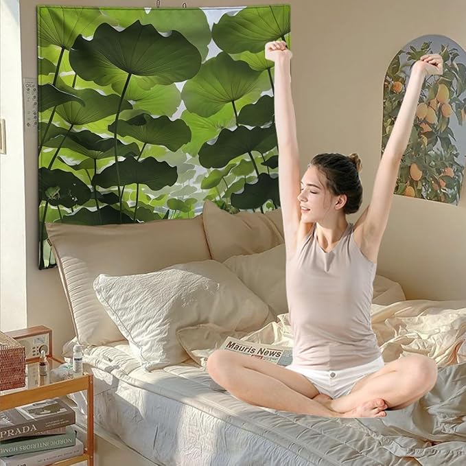 FENDROM Nature Lotus Leaf Tapestry Plant Tapestry Green Natural Scenery Wall Hanging 3D Wall Art For Bedroom Living room Dorm