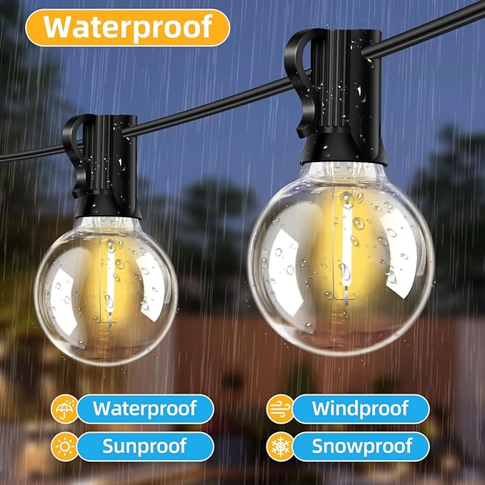 50FT G40 LED String Lights with 25 Shatterproof Bulbs (2 Spares), E12 Sockets, 2700K Warm White, eatherproof Patio Lighting for Garden,Backyard,Party,Wedding,Porch,Deck,Gazebo,Bistro,Camping
