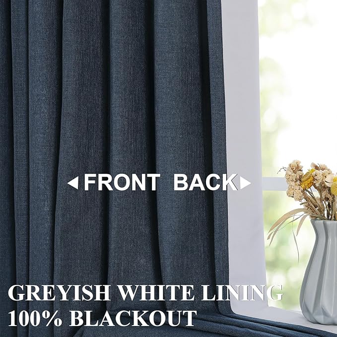 Vision Home Navy Blue Pinch Pleated Full Blackout Curtains Linen Blended Room Darkening Window Curtains 120 inch for Living Room Bedroom Thermal Insulated Pinch Pleat Drapes with Hooks 60" Wx120 Lx1