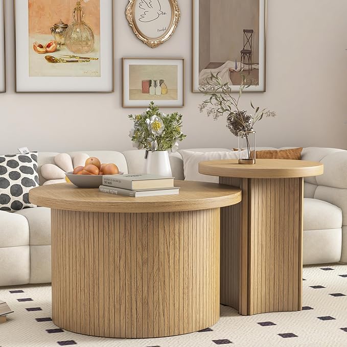 Set of 2 Nesting Coffee Tables Farmhouse,Round Coffee Table Living Room,Wood Finish Coffee Table Set, Small Coffee Tables, Sofa Side Living Room Bedroom Coffee Side Table (Large Size - Set)