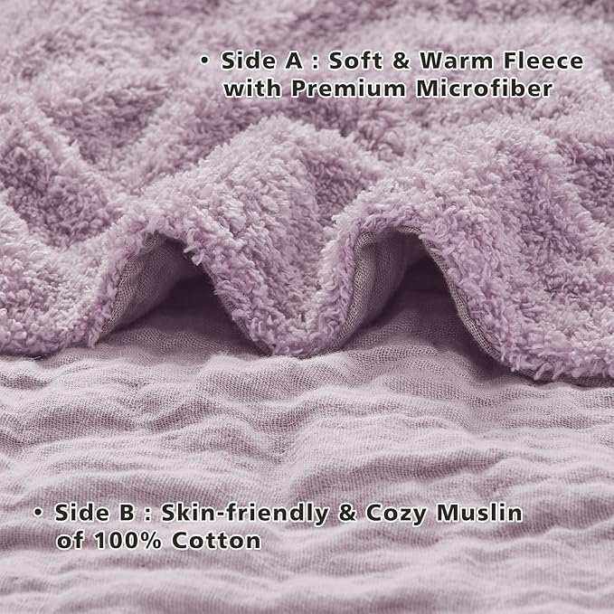 EMME Muslin and Fleece Queen Blanket Reversible - 80"*90" Lavender Soft Warm Throw Blankets for Couch Bed Picnic Travel Bed