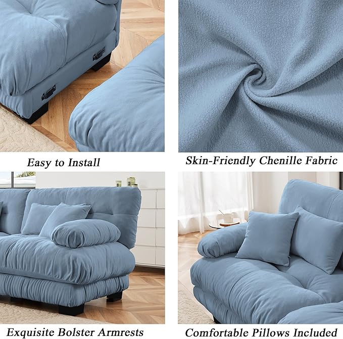 Modular Sectional Sofa, Comfy Cloud Couch 3 Seater Couch with Ottoman, Sectional Couches for Living Room, Modern Chenille U Shaped Couches, Sleeper Deep Seat Sofa with Throw Pillows, Blue