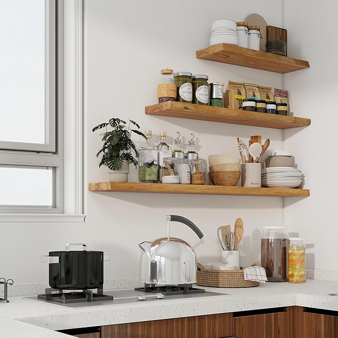 Axeman 72 inch Extra Long Floating Shelves for Wall - 8'' D Live Edge Rustic Solid Elm Wood Floating Shelves Wall Mounted, Wall Shelves with Invisible Bracket for Living Room Bedroom Kitchen, Natural