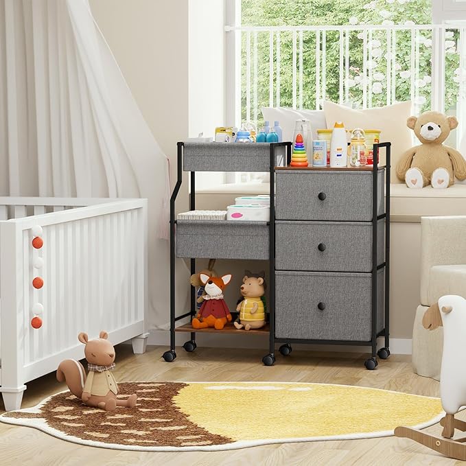 Baby Diaper Caddy Organizer and Storage - 3 Tier Rolling Cart with Dividers and Drawers, Easy To Assemble, Mobile Utility Cart with Wheels for Nursery, Bedroom, Changing Table & Crib