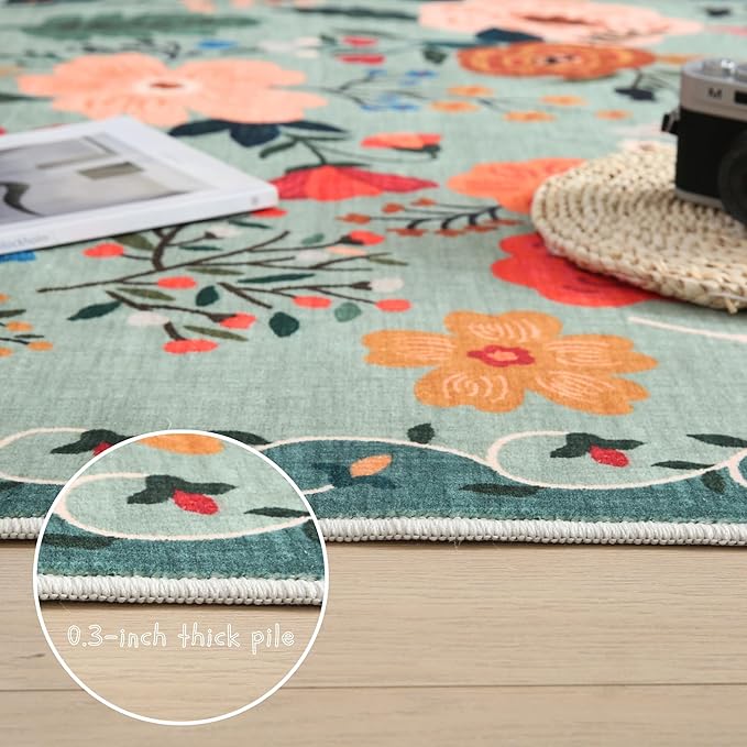 Bedroom Rug 3x5 Rug Washable Area Rug Non Slip Low Pile Boho Floral Small Carpet for Bedroom, Bedside, Kitchen, Entryway, Kids Room, Office, College Dorm Essentials for Girls(Green)