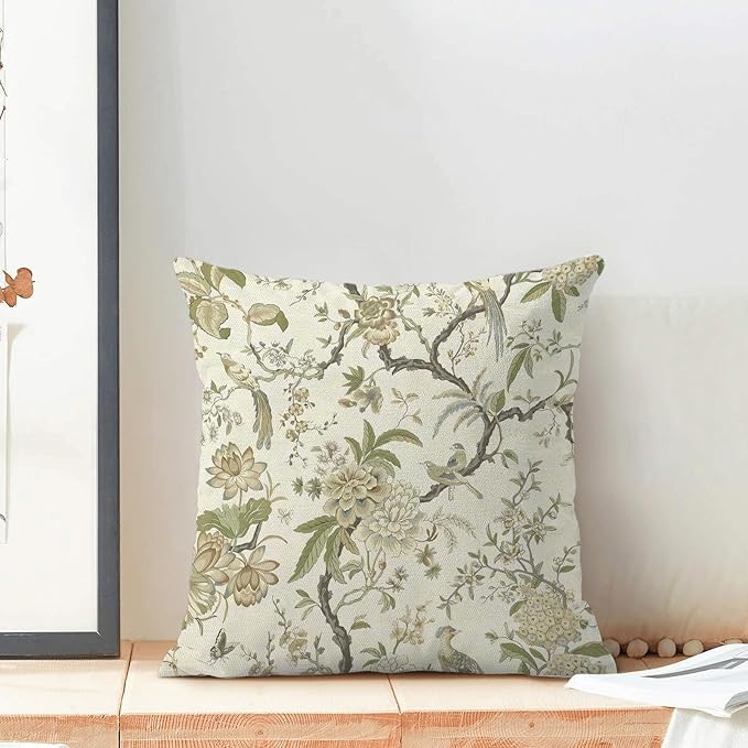 CXMEIFLY Spring Floral Birds Pillow Covers 18 x 18 Inch Set of 2 for Chinoiserie Flowers Decor Throw Pillows Sage Green Plant Outdoor Decorative Cushion Cases for Couch Bed Decorations