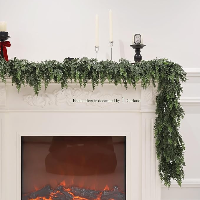 Christmas Cedar Garland Artificial Real Touch Thickness Realistic Greenery Pine Garland for Mantle Fireplace Outdoor Indoor Christmas Decorations 6FT