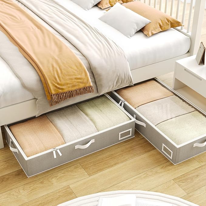 Under Bed Storage Containers, 2-Pack Underbed Storage Box, Collapsible Clothes Storage Bins with Handles and Lid, Large Under Bed Organizers for Shoe, Blanket, Toy, Pillow, Sheet, Gray