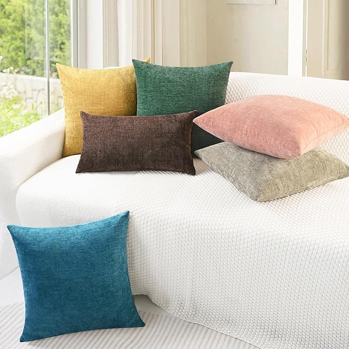 CaliTime Throw Pillow Covers Decorative 16 X 26 Inches Pack of 2 Cozy Chenille Cushion Cases for Couch Sofa Bed Living Room Home Dark Green