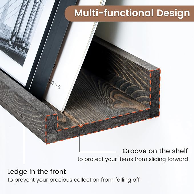 Picture Ledge Wall Shelves 16 inch Width Set of 2, Solid Pine Wood Rustic Floating Ledge Shelves for Wall for Kids' Room Bedroom Kitchen Bathroom Living Room Nursery Display Wall Decor, Grey