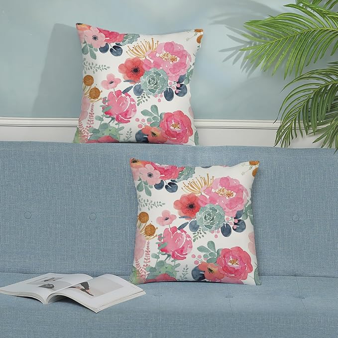CXMEIFLY Spring Floral Pillow Covers 18 x 18 Inch Set of 2 for Watercolor Pink Flowers Decor Throw Pillows Green Leaves Plant Outdoor Decorative Cushion Cases with Zipper for Couch Bed Decorations