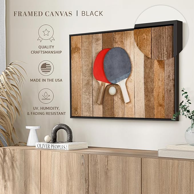 ElephantStock Ping Pong Wall Art - Horizontal Framed Canvas - 1-Piece Living Room Wall Decor - Photography Canvas Print - Brown and Red Decor for Wall - 13" X 9"