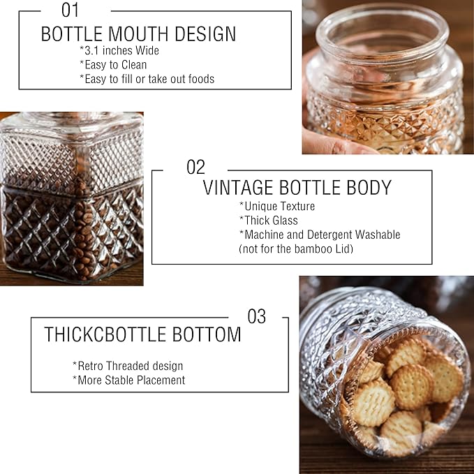 Large Glass Storage Jar, 60 FL OZ Glass Food Storage Containers with Bamboo Lid, Kitchen Containers Cereal Canisters Decorative Jar for Candy Snack Cookies Coffee Tea Nuts Airtight Glass Jars (Square)