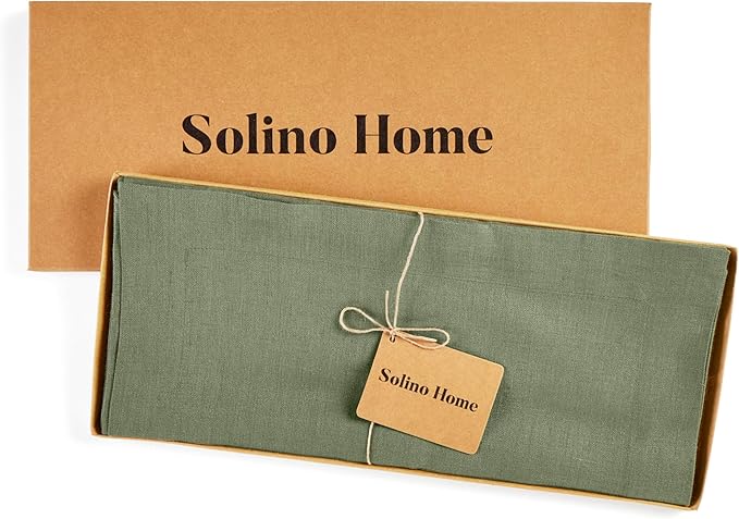 Solino Home Linen Oil Green Table Runner 108 Inches Long - 100% Pure Linen 14 x 108 Inch Table Runner for Fall, Autumn, Thanksgiving - Fete