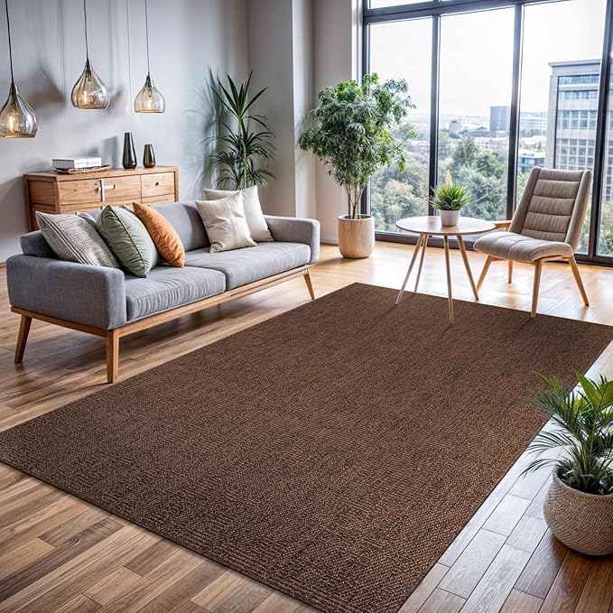 CAMILSON Easy Jute Rug 5x7, Indoor Outdoor Brown Color Fiber Area Rugs for Living Room Patio and Kitchen Rug, Solid Boho Woven Design, Easy-Cleaning, Washable Outside Carpet Alfombras (5 x 7)