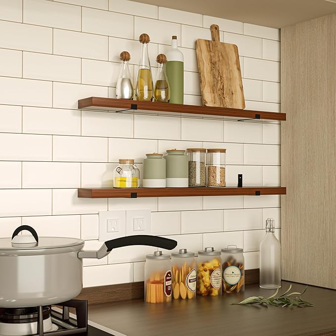 CONSDAN Floating Shelf for Wall Mounted Book Shelf Hanging Shelves Floating Bookshelf for Bedroom, Bathroom, Living Room, Kitchen USA Grown Solid Hardwood, Dark Maple 48x7.5x1.5 in