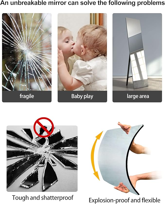 Shatterproof Wall Mirror Full Length for Bedroom, Acrylic Gym Mirrors For Home, Extra Thick: 0.12 inch, 16 x 16 inch x 4 Pcs, Workout Mirrors Safe for Kids, Over The Door, Long Wall Mounted