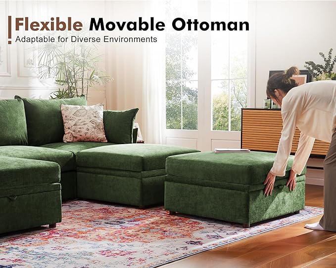 134.6" Oversized Modular Sectional Sofa, 6 Seater U Shaped Couch with Storage Ottoman with Reversible Chaise Deep Seat for Living Room, Apartment - Chenille Green