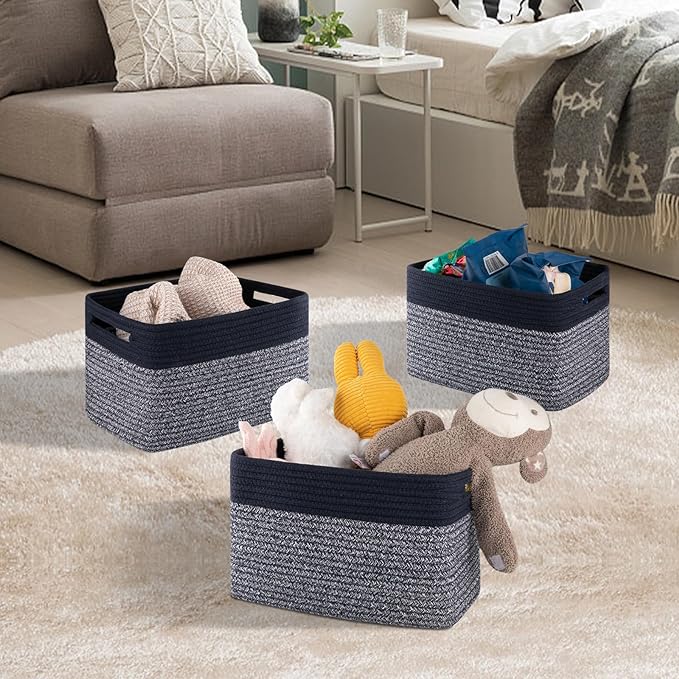4 Pack Storage Baskets for Organizing, Woven Baskets for Shelves - Perfect for Toys, Books, Towels, and Clothes, Durable Gift Basket Bins Toy Storage, 13''L x9''W x7.8''H, Blue and Grey