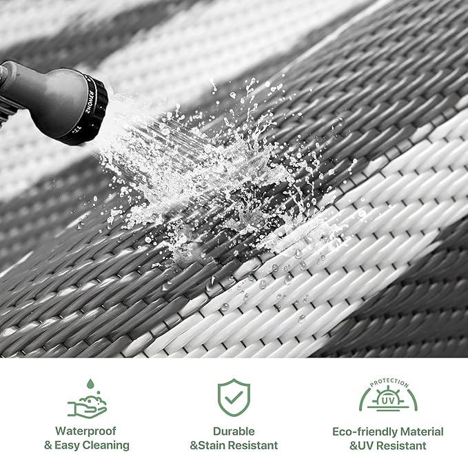 GENIMO Outdoor Rug Waterproof Area 10'x14' for Patio, Foldable Reversible Plastic Straw Carpet for Travel Trailers, Outside Mat for Rv, Deck, Picnic, Porch, Camper, Balcony, Beach, Grey & White