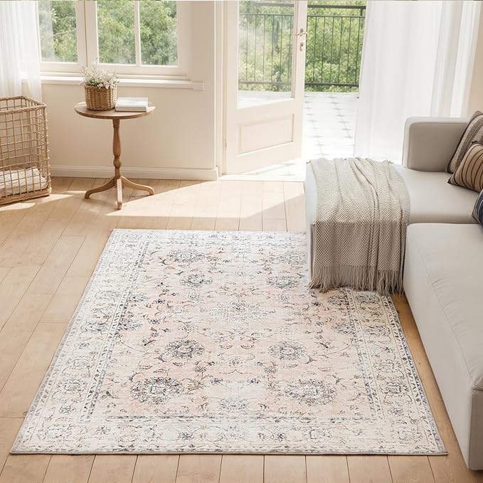 5'x7' Vintage Floral Rug - Persian Inspired Low-Pile Faux Wool Area Rug, Non-Slip Washable Rug for Bedroom, Nursery, Dorm, Soft Pink Boho Chic Decor