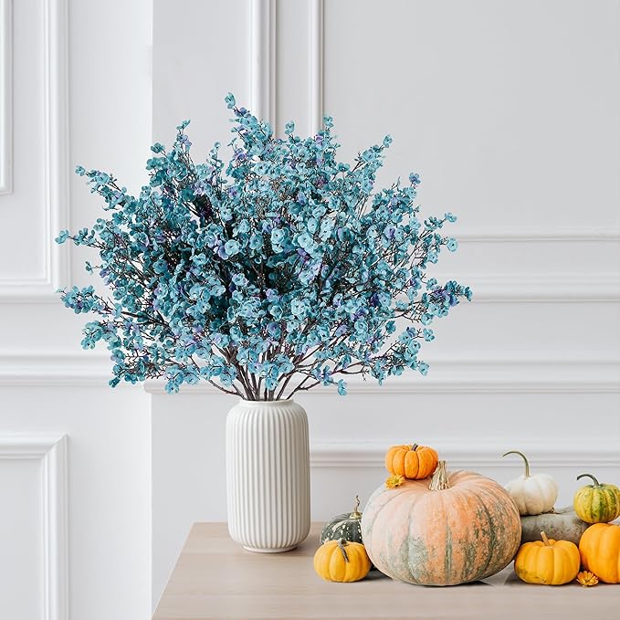 Sggvecsy 15 Pcs Babys Breath Artificial Flowers Gypsophila Bouquets Bulk Real Touch Fake Silk Flowers for Home DIY Floral Arrangement Table Centerpiece Fall Thanksgiving Autumn Decoration (Fall Blue)