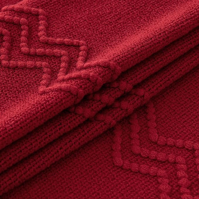 MIULEE Burgundy Red Knitted Throw Blanket for Couch Boho Textured Cozy Woven Blanket with Tassels for Sofa Chair Bed Living Room Acrylic Wave Pattern 50"x60"