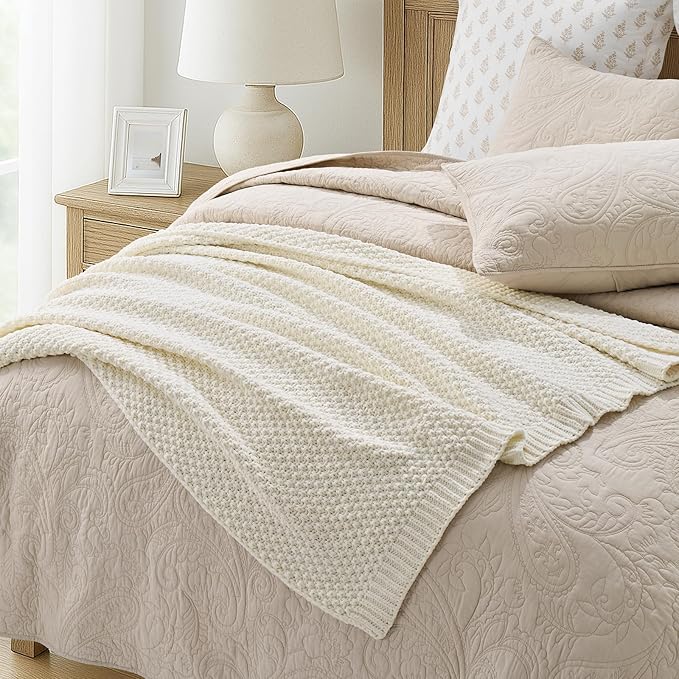 Chunky Chenille Knit Throw Blanket for Couch, Soft Luxurious Moss Stitch Blankets for Bed, Cozy Decorative Farmhouse Knitted Throws for Sofa, Ivory White, 50" x 60"