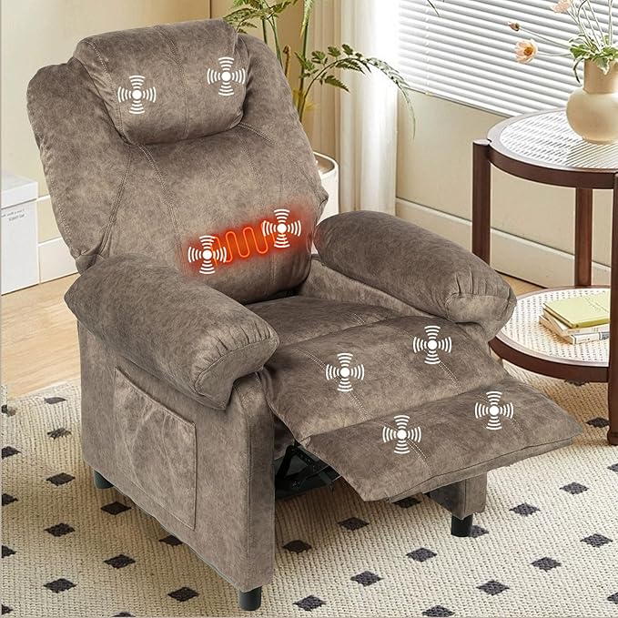 KCREAM Massage Recliner Chair with Heat,Overstuffed Fabric Recliner Chairs with Heating,Small Recliner for Living Room Bedroom, Manual Reclining Single Sofa Recliners Lounge Chair for Adult,Brown