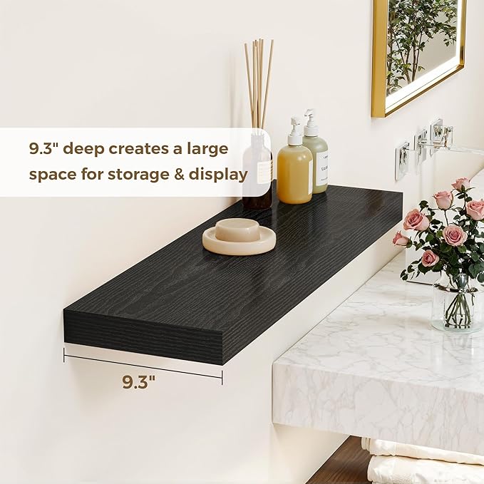 48 Inches Floating Shelves for Wall, 9.3" Deep Long Floating Shelves Set of 1, Large Display & Storage Shelf, Wall Shelf for Bathroom Bedroom Living Room Kitchen Office, Black