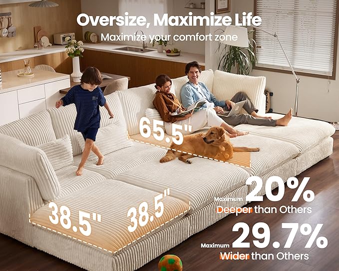 Oversized Modular Sofa, Extra Deep Cloud Corduroy Sectional Couch with Ottoman Chaise, Fluffy Corduroy 5 Seater Sofa Bed for Living Room, Villa (U Shape 5 Seater, Corduroy White)