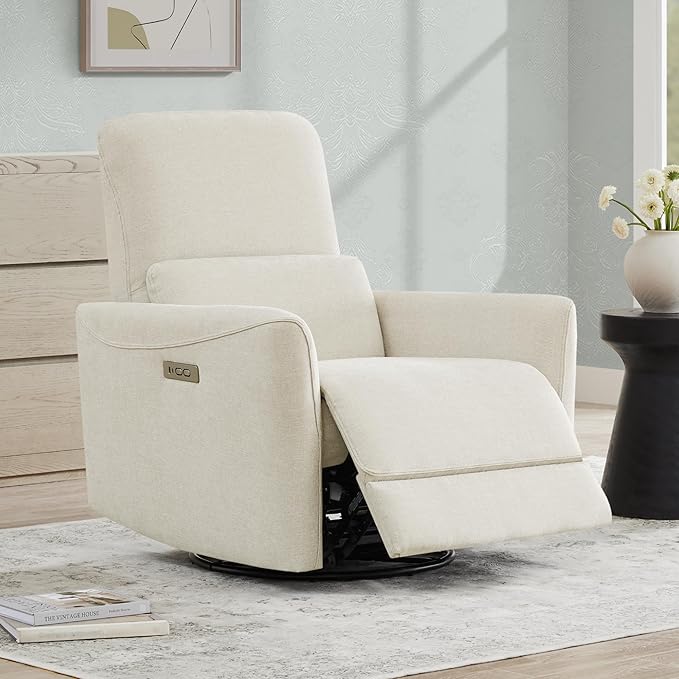 CHITA Power Recliner Chair Swivel Glider, FSC Certified Upholstered Living Room Nursery Reclining Sofa Chair with Lumbar Support, Linen