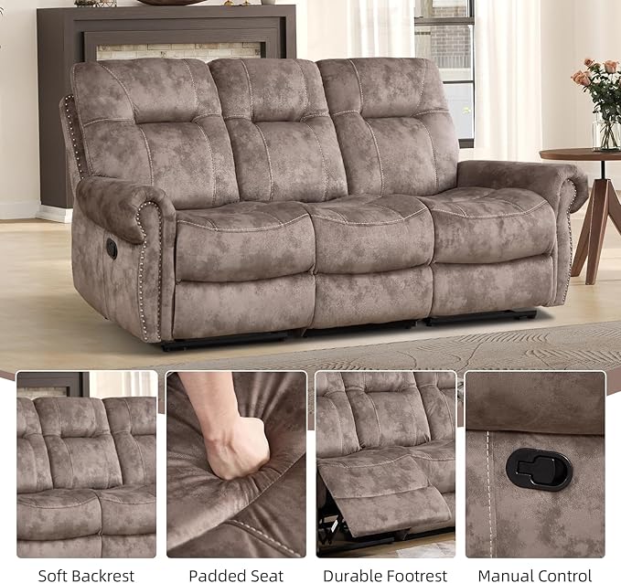 EBELLO 2 Pieces Manual Reclining Couch Furniture Set for Living Room, 2 Seat Loveseat and a 3 Seater Sofa, Vintage Rivet Mid-Century Design for Living Room, Brown