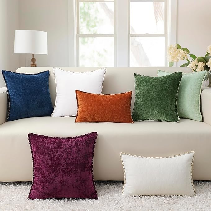 decorUhome Chenille Soft Throw Pillow Covers 16x16 Set of 2, Farmhouse Velvet Neutral Decorative Euro Pillow Covers with Stitched Edge for Couch Sofa Bed Home Decor, Rhododendron