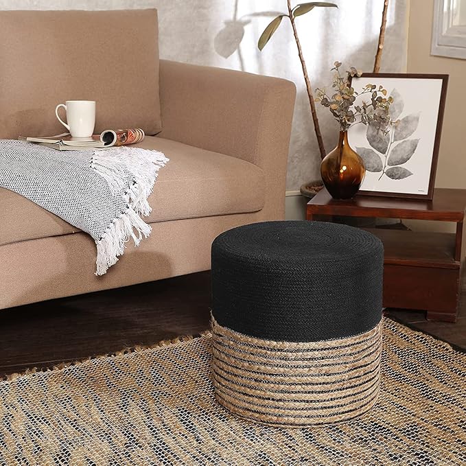 REDEARTH · Cylindrical Pouf Ottoman - Braided Pouffe Accent Sitting Round Footrest for Living Room, Bedroom, Nursery, kidsroom, Patio ; 70% Cotton 30% Jute, Set of 2 (14.5x14.5x16; Black Natural)
