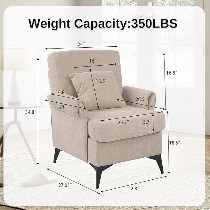 KCC Mid-Century Accent Chairs,Chenille Modern Upholstered Single Sofa,Cozy Armchair with Back for Bedroom/Office/Cafe,Begie