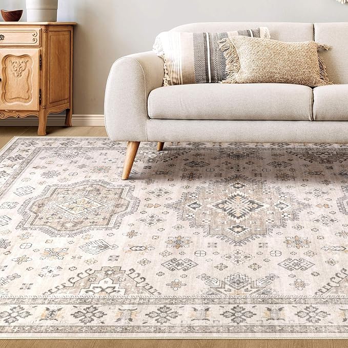 Washable Area Rugs for Living Room -10x12 Neutral Vintage Distressed Floral Farmhouse Boho Large Soft Floor Rug Indoor Non Slip Carpet for Living Room Bedroom Dining Room Office-Beige Brown