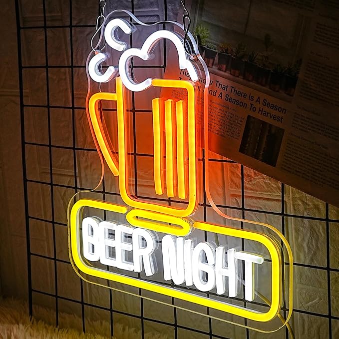 Beer Night Neon Sign for Man Cave Bar Decor Yellow White Beer Neon Light Bar Neon Sign Wall Art for Bedroom Beer Pub Man Cave Restaurant Party Decor