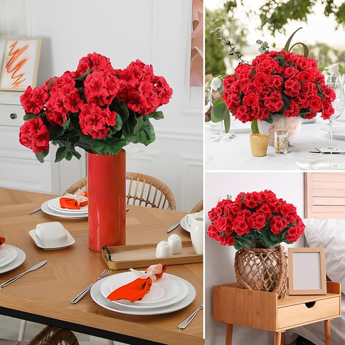 Hananona 24 Pcs Artificial Geranium Flowers for Outdoors Geranium Silk Flowers Outdoor UV Resistant Garden Plants Faux Flowers for Home Kitchen Table Centerpieces Decor (24, Red)