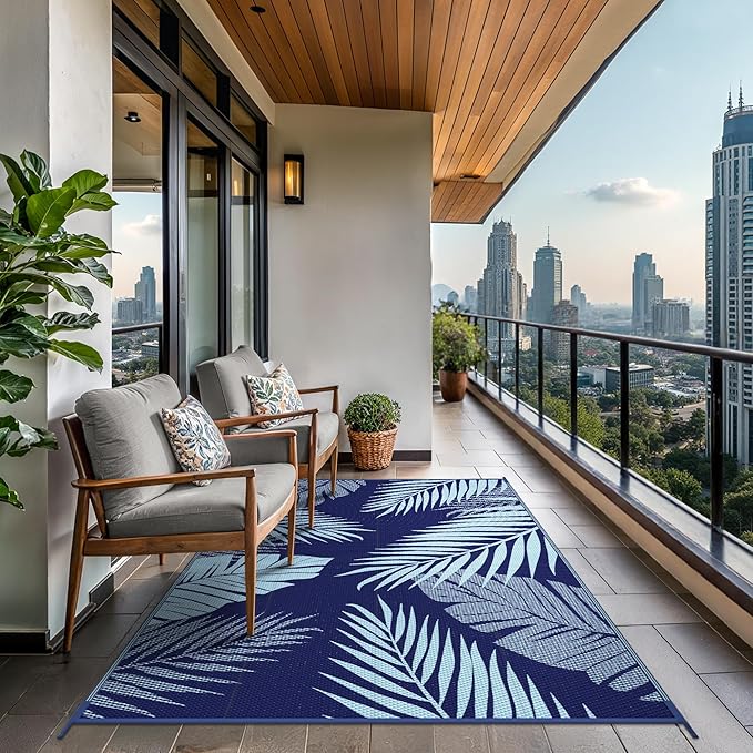 GENIMO Outdoor Rug 8' x 10' Waterproof for Patios Clearance, Reversible Outdoor Plastic Straw Camping Rug Carpet, Large Area Rugs Mats for RV, Camper, Deck, Balcony, Porch, Beach, Navy Blue&Baby Blue