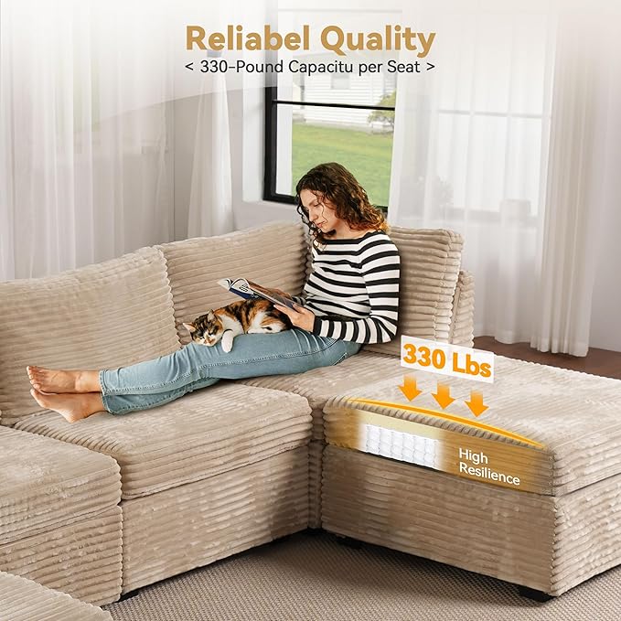 Modular Sectional Sofa with Chaise U Shaped Sectional Couch for Living Room, 7-Seater Comfy Cloud Couches, Plush Corduroy, Beige