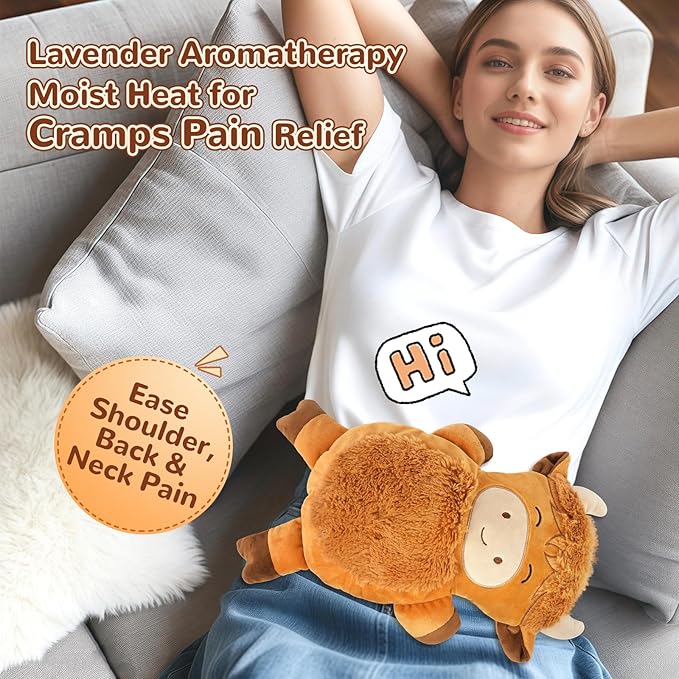 Microwave Heating Pad for Pain Relief, 16" x 11" Microwavable Heating Pads for Cramps, Back Pain, Neck Shoulder, Muscles, Knee, Joints, Natural Heat Pack Moist Heat, Squint Highland Cow