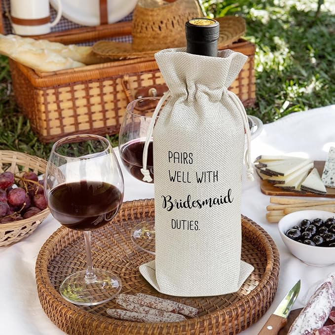 Pairs Well with Bridesmaid Duties - Gifts for Maid of Honor Wine Bags, 1 PC Reusable Drawstring Burlap Wine Bottle Bags, Wedding Gifts for Women Ladies, Bridal Shower Party Decorations -14