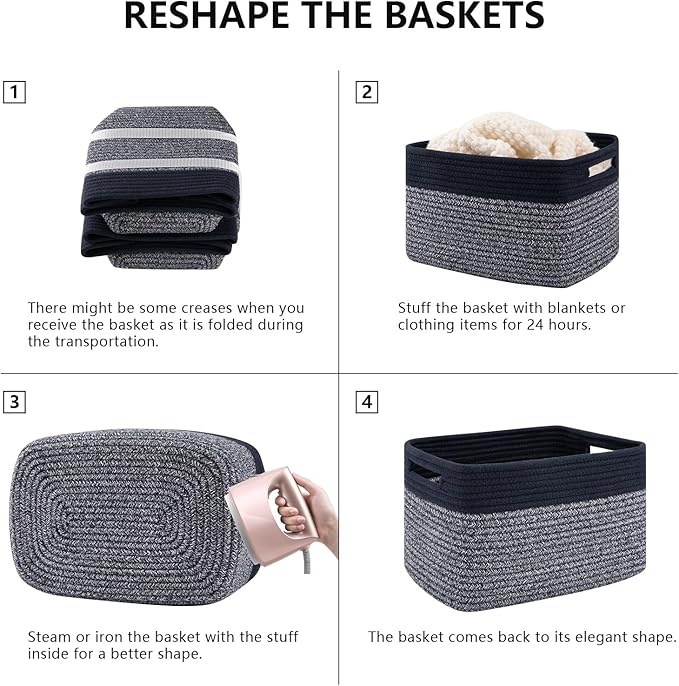 4 Pack Storage Baskets for Organizing, Woven Baskets for Shelves - Perfect for Toys, Books, Towels, and Clothes, Durable Gift Basket Bins Toy Storage, 13''L x9''W x7.8''H, Blue and Grey