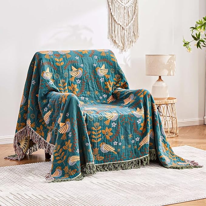 Boho Throw Blanket, 100% Cotton Ultra Soft Luxury Throw Rustic Quilt, 80"x90" Floral Printed Farmhouse Decor Bed Summer Blankets, All Season Rustic Reversible Bohemian Throw for Bed - Blue