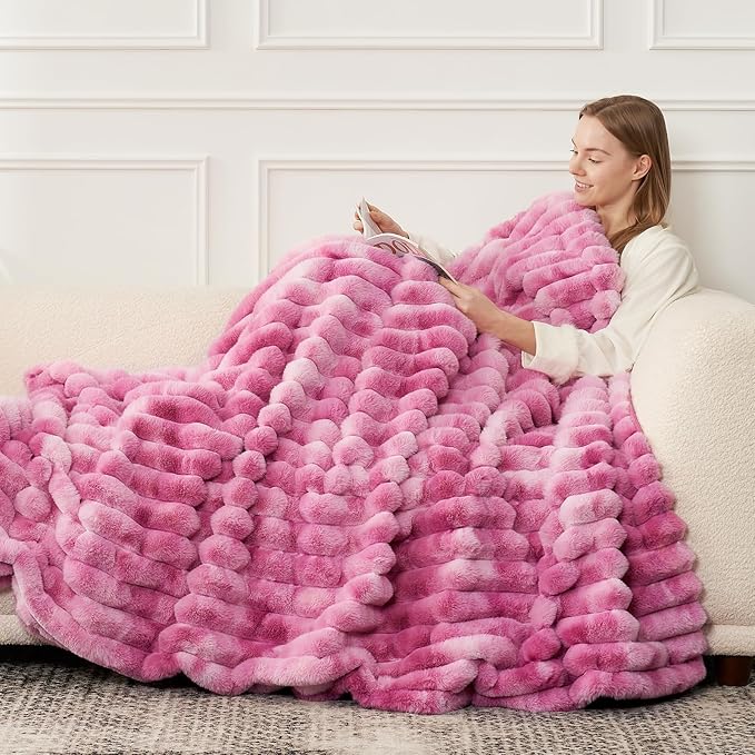 Cozy Bliss Faux Fur Throw Blanket for Couch, Cozy Warm Plush Striped Blanket for Sofa Bedroom Living Room,50 * 60 Inches Tie-dye Pink