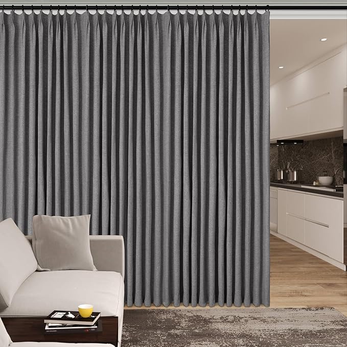 100% Blackout Linen Textured Drapes for Bedroom Pinch Pleated Curtains for Track System Portable Drapery for Sliding Glass Door/Storage/Space Room Divider, 70" Wx102 L, 1 PC, Gray