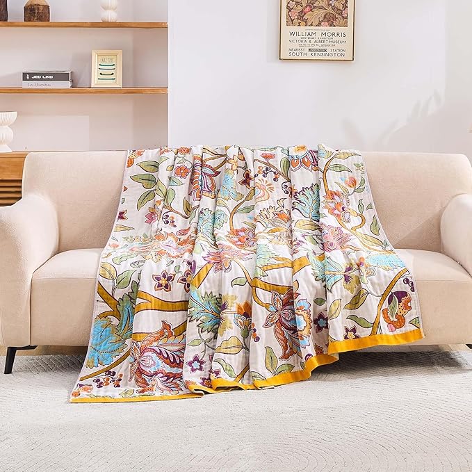 Boho Throw Blanket for Bed, 100% Cotton Soft Rustic Quilt Fall Blanket, 90"x98" Floral Printed Farmhouse Decor Bed Blankets, All Season Rustic Reversible Bohemian Throw Quilt